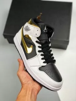 Air Jordan 1 Mid White/Black-Metallic Gold For Sale
