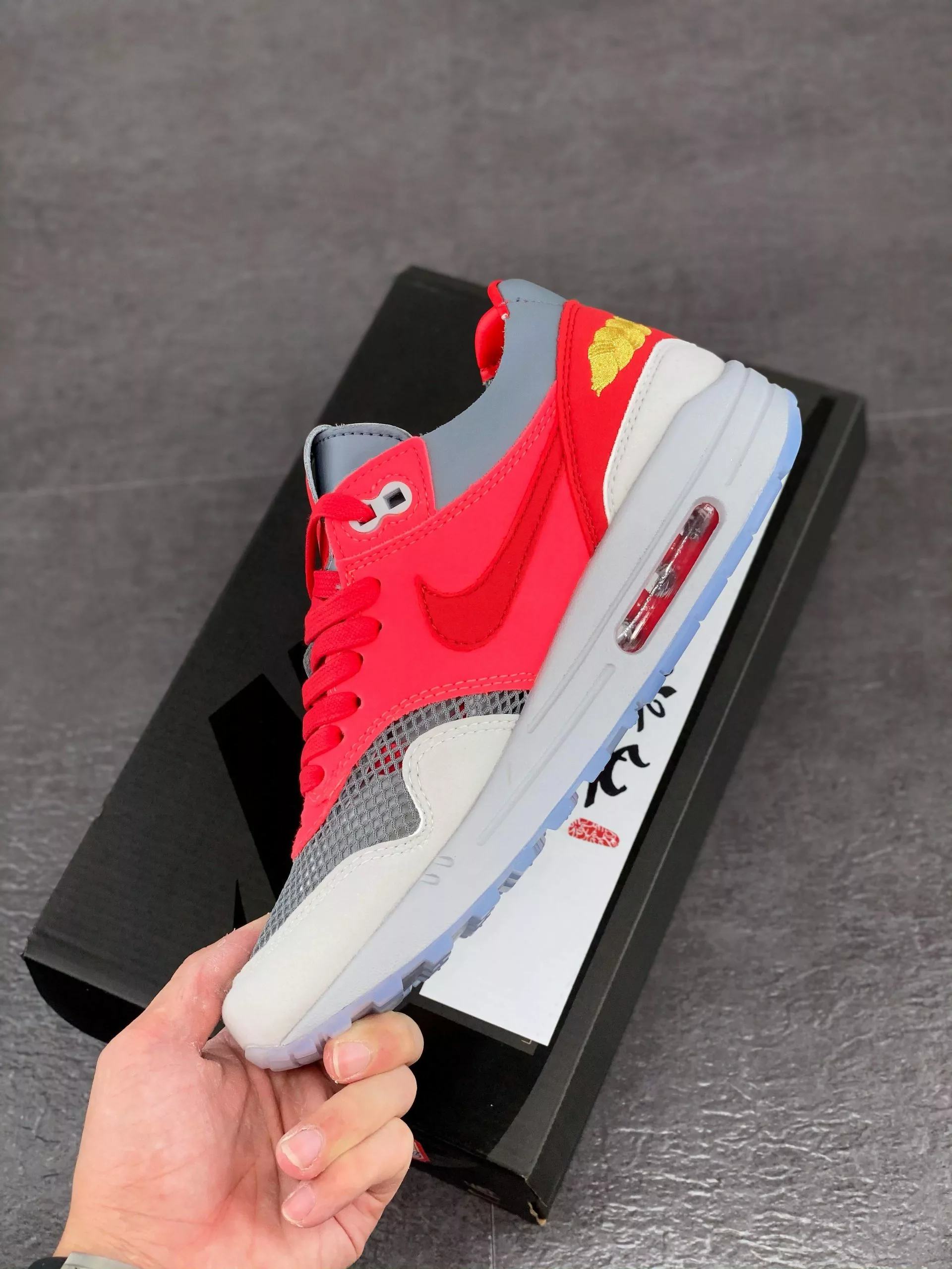 Nike Air Max 97 Clot X Nike Air Max 1 K.O.D. Solar Red/University Red-Cool Grey For Sale 4 Nike Air Max 97 Clot X Nike Air Max 1 K.O.D. Solar Red/University Red-Cool Grey For Sale - Image 3