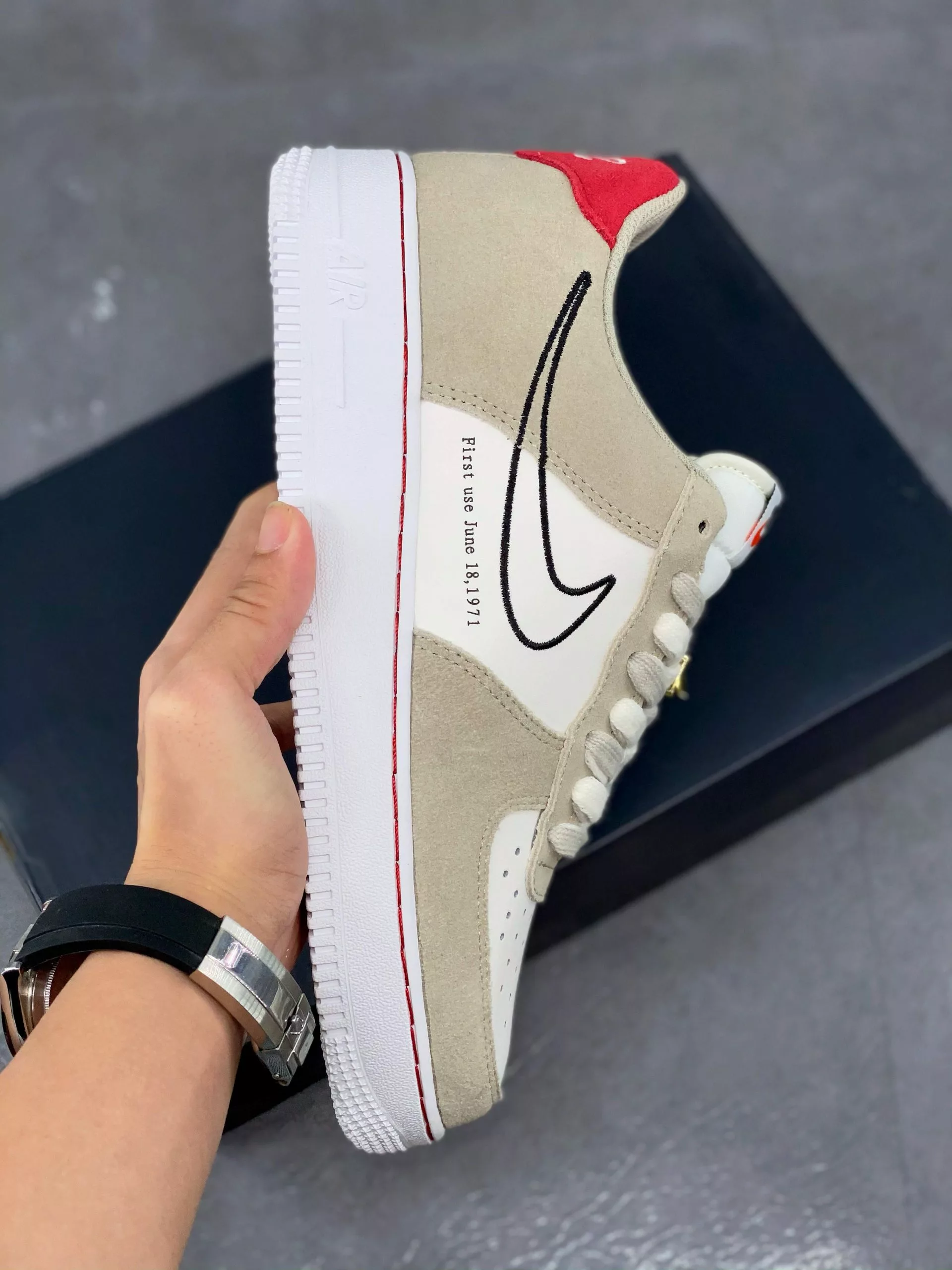 Nike Air Force 1 Low “First Use” Light Stone/Black-Sail-University Red For Sale 4 Nike Air Force 1 Low “First Use” Light Stone/Black-Sail-University Red For Sale - Image 2