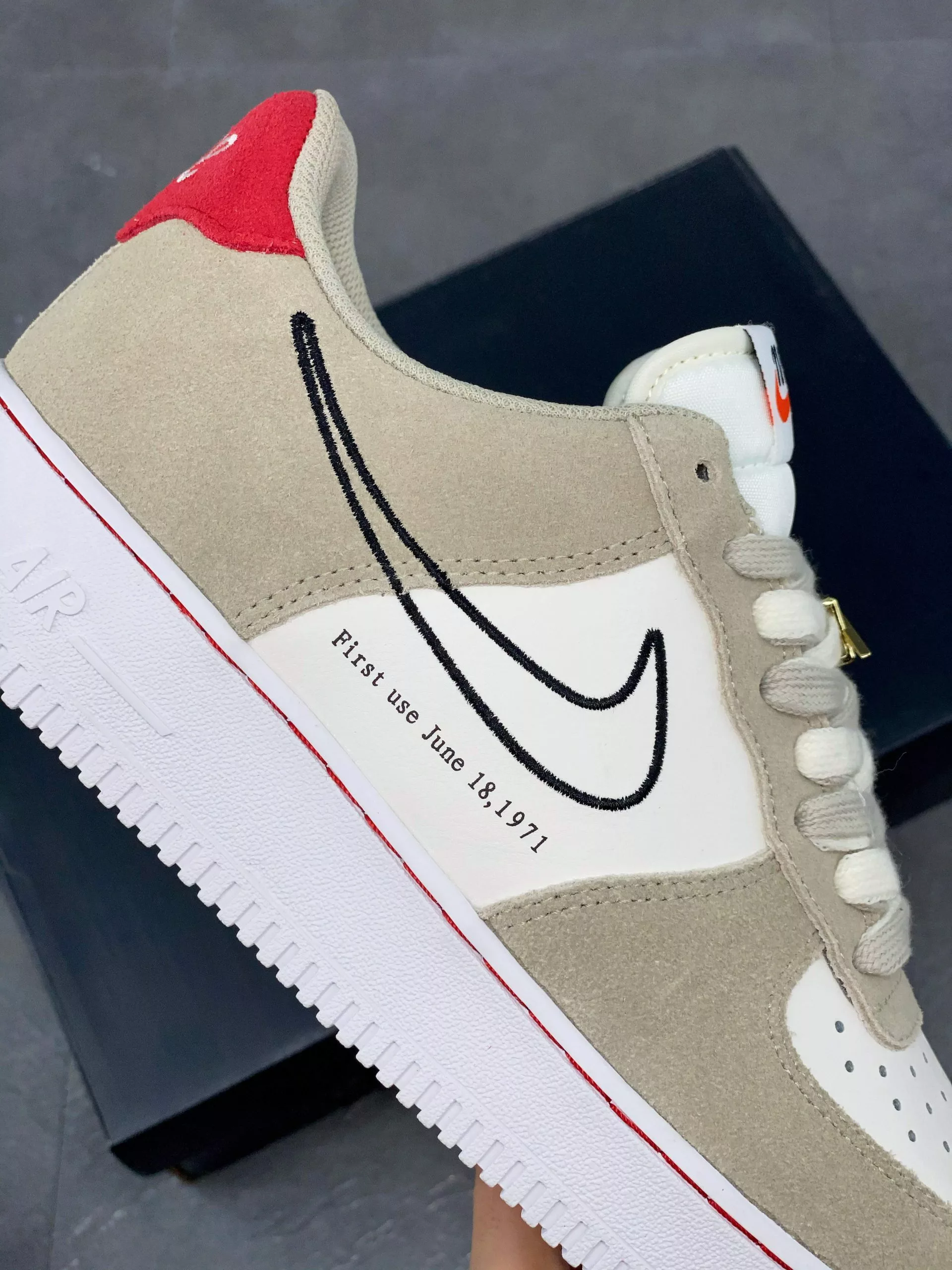 Nike Air Force 1 Low “First Use” Light Stone/Black-Sail-University Red For Sale 7 Nike Air Force 1 Low “First Use” Light Stone/Black-Sail-University Red For Sale - Image 5