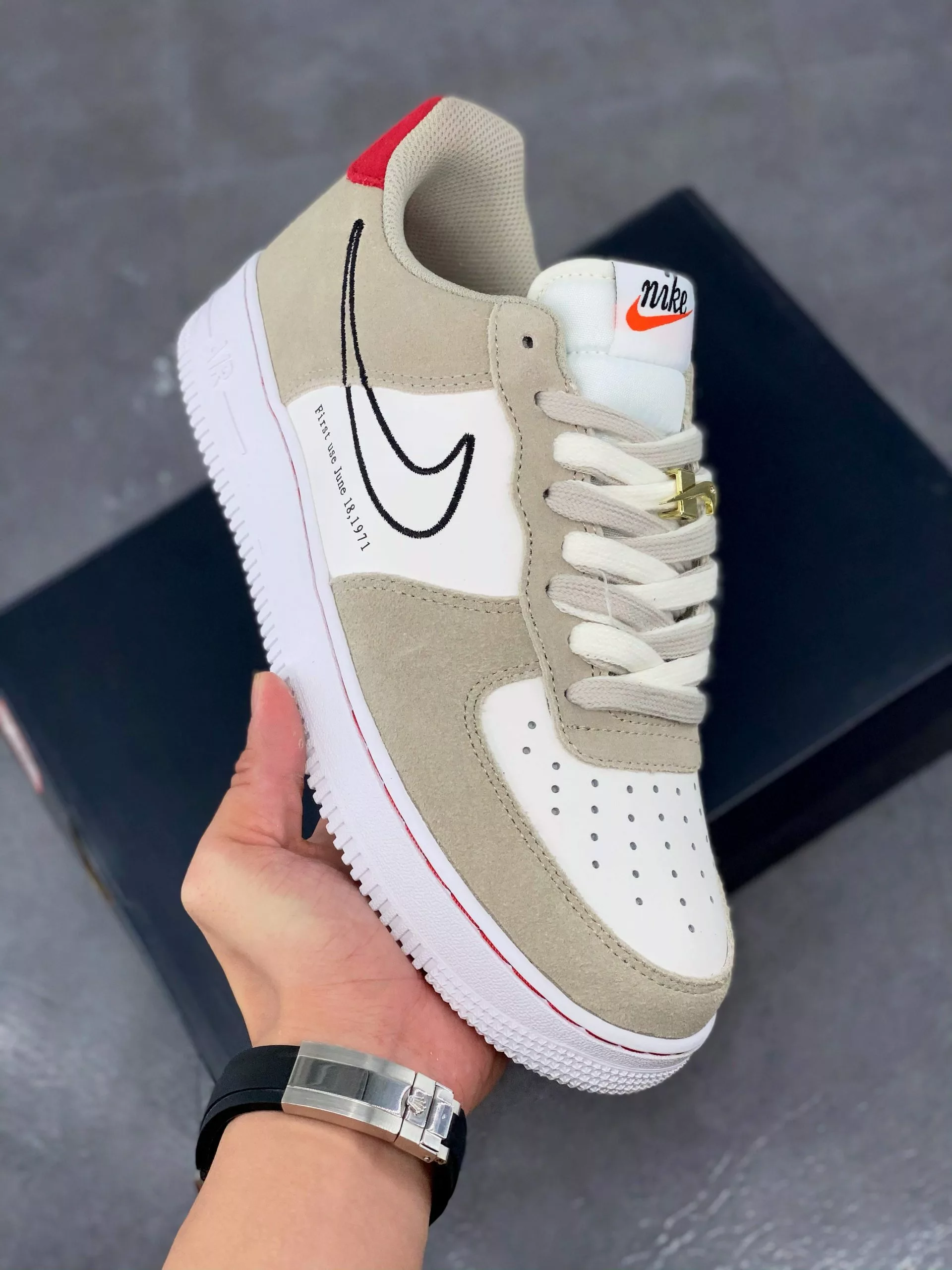 Nike Air Force 1 Low “First Use” Light Stone/Black-Sail-University Red For Sale 3 Nike Air Force 1 Low “First Use” Light Stone/Black-Sail-University Red For Sale