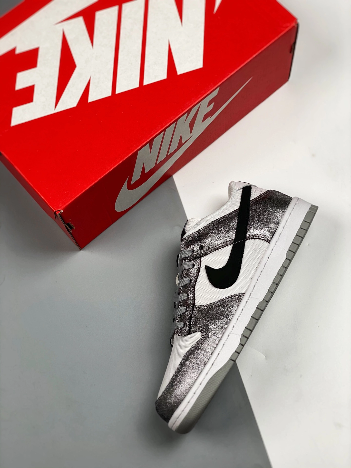 Nike SB Dunk Nike Dunk Low “Shimmer” White/Metallic Silver-Black For Sale 5 Nike SB Dunk Nike Dunk Low “Shimmer” White/Metallic Silver-Black For Sale - Image 3